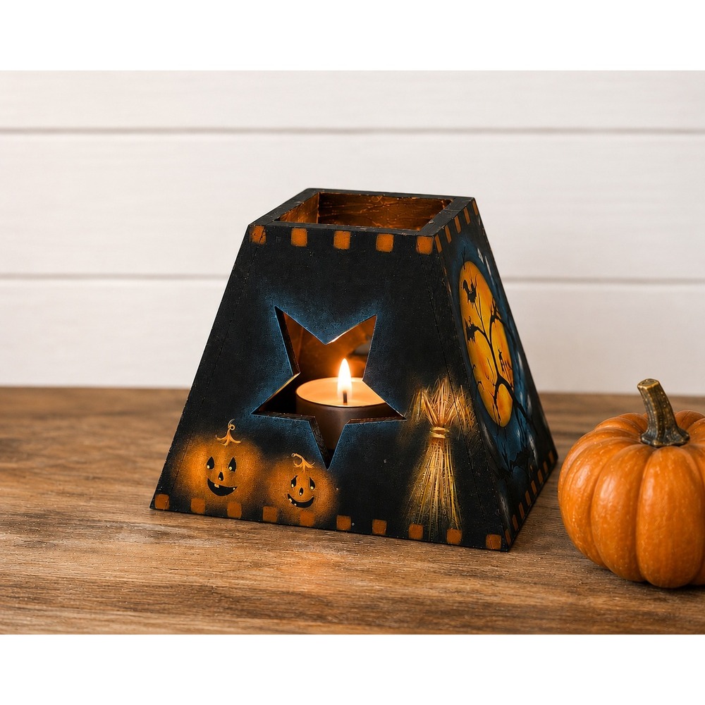 Hand Painted Wooden Halloween Tealight Candle Holder Primitive Jack O Lantern 5"